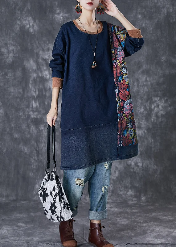 Sale For Women Style Navy Asymmetrical Patchwork Cotton Pullover Streetwear Dress Fall