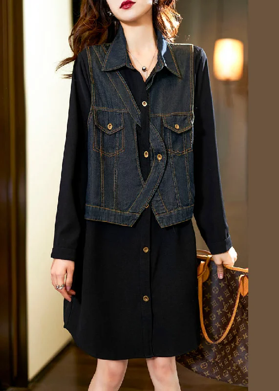 The Latest Fashion Trends New Black Button Denim Patchwork False Two Pieces Shirt Dress Spring