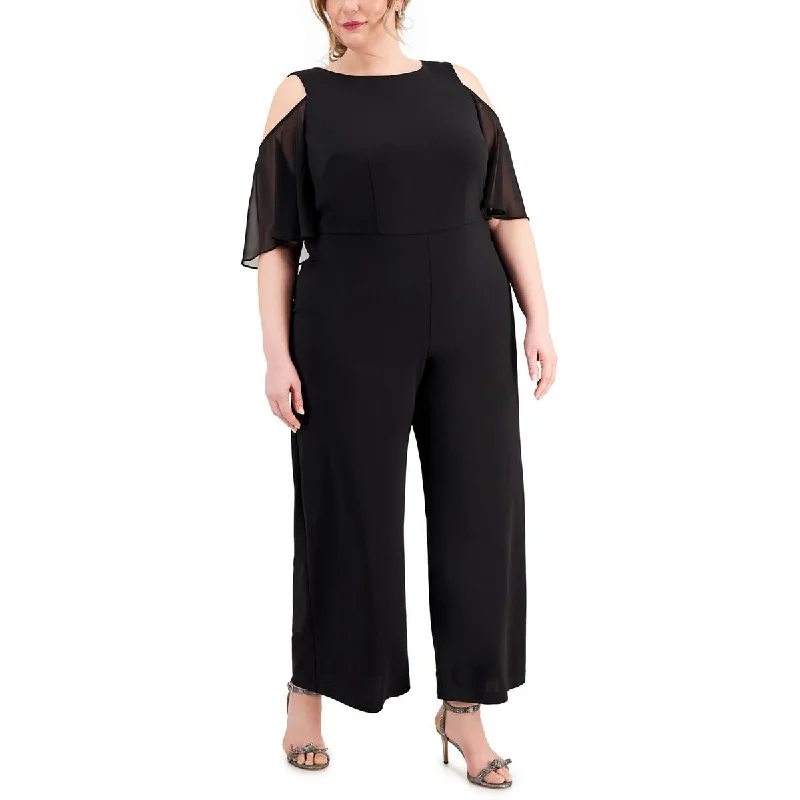 Comfort Centric Apparel Connected Apparel Womens Plus Wide Leg Cold Shoulder Jumpsuit