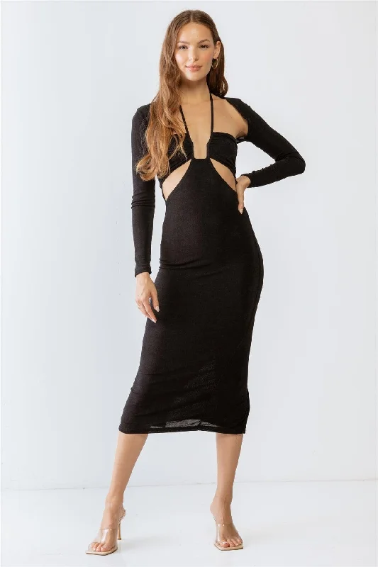 Women's Clothing for Every Occasion Black Cut-Out Sleeveless Midi Dress & Open Front Long Sleeve Cover-Up Set /3-2-1