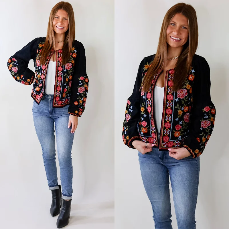 Modern Women's Apparel More To Say Corduroy Floral Embroidered Jacket in Black