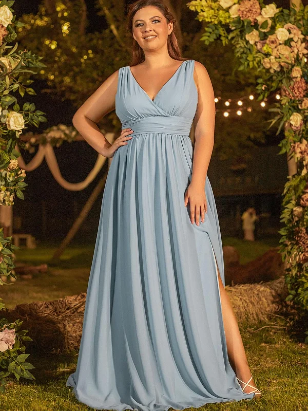 Trend Leading Collection Light Blue Plus Size Bridesmaid Dresses Sleeveless V neck