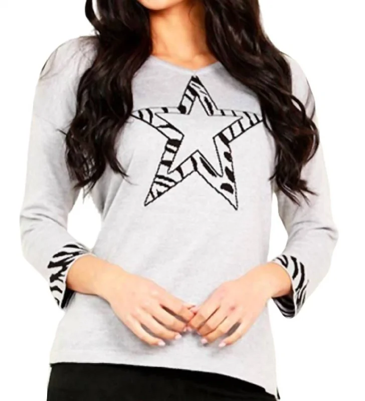 Affordable Fashion for Women 3/4 Star Sleeve V-Neck Sweater In Silver