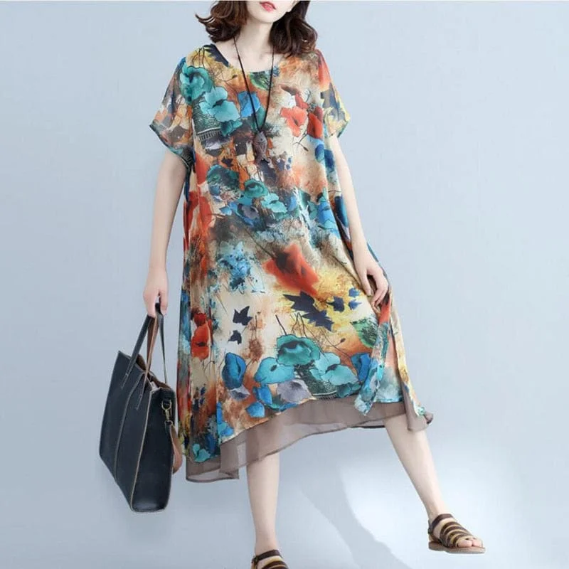 Women's Clothes Short Sleeve Floral Chiffon Dress