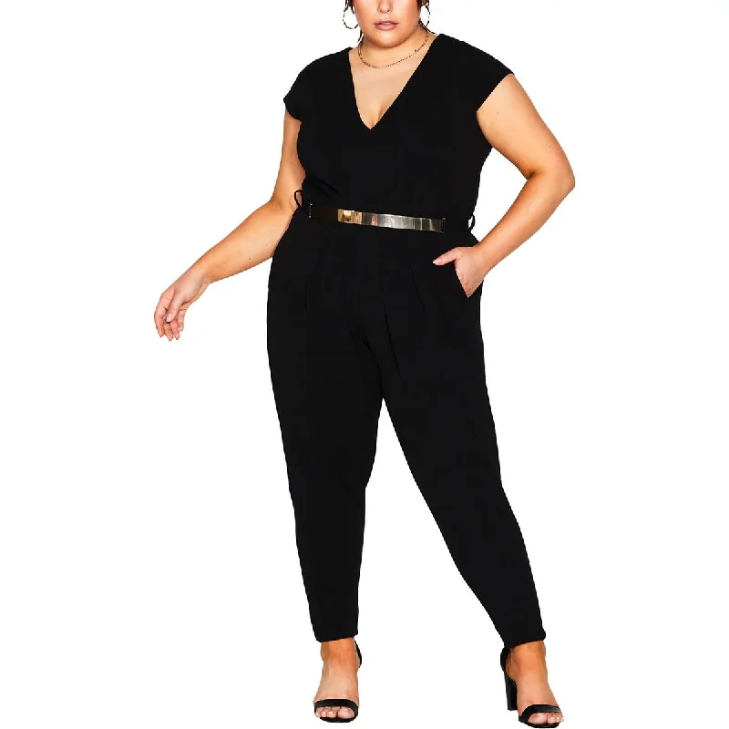 Minimalist Style City Chic Womens Plus V Neck Tapered Leg Jumpsuit