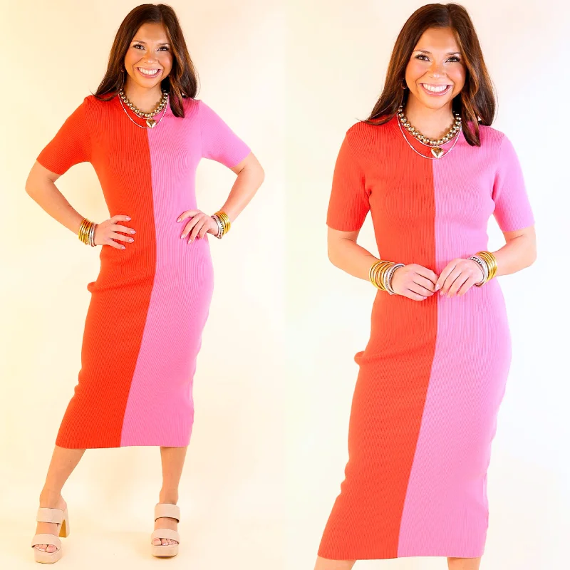 Elegant Fashion No Drama Ribbed Short Sleeve Midi Dress in Red and Pink