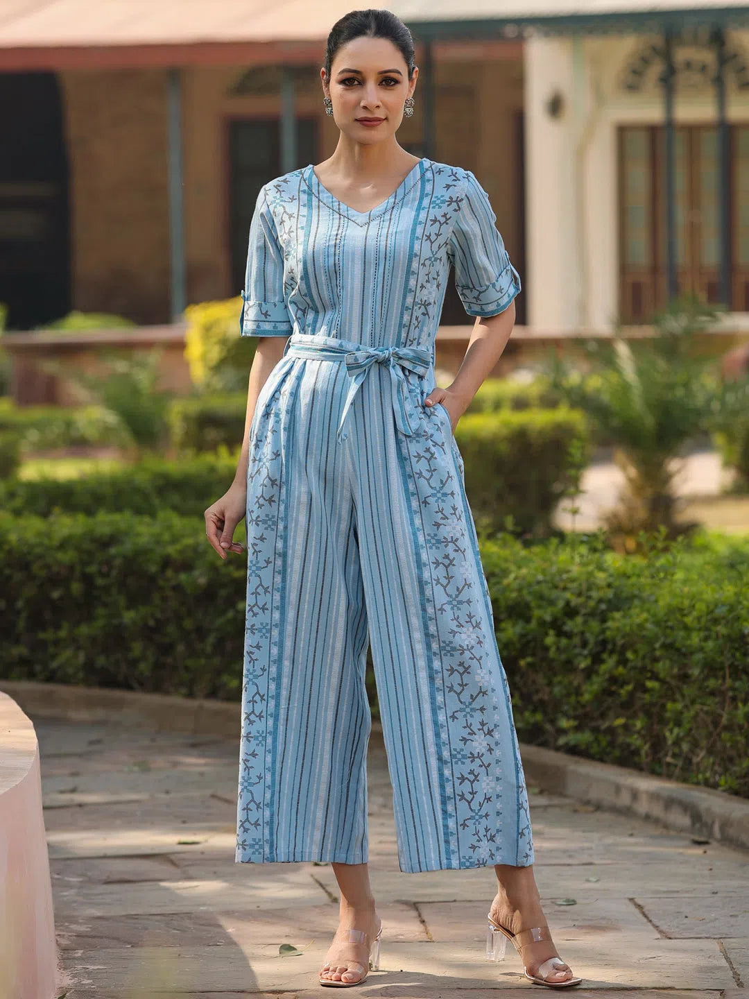 Trendy Boutiques Online Women Geometric Straight Sky-Blue Jumpsuits & Sets