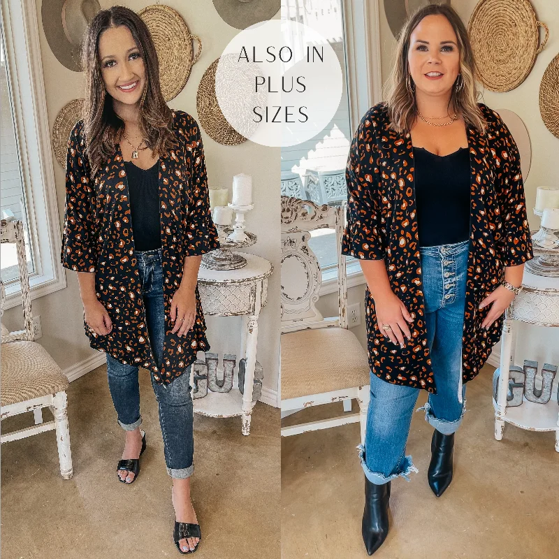 End Of Season Clearance Last Chance Size Small | Tell Me About It Sheer Rust Leopard Kimono with Ruffle Sleeves in Black