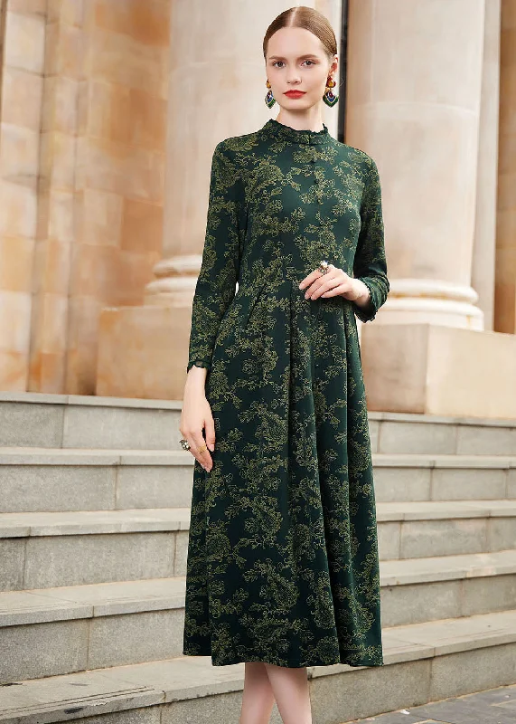 Imeless Style Slim Fit Blackish Green Print Wrinkled High Waist Knit Maxi Dresses Long Sleeve