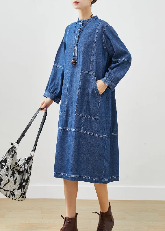 Women's Clothing for Every Season and Trend Boho Dark Blue Oversized Patchwork Cotton Vacation Dresses Fall