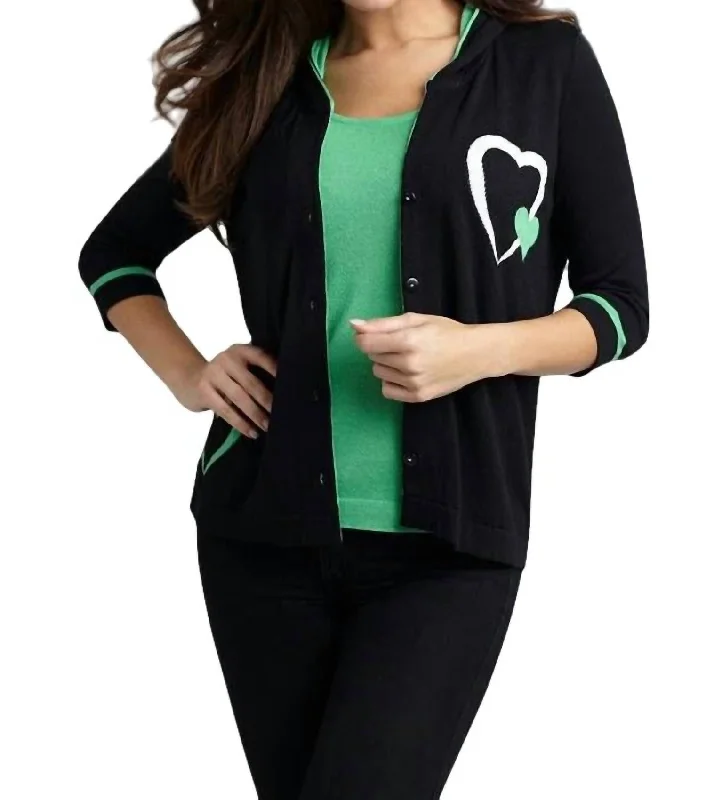 Clothes Of Woman Double Heart Hooded Cardigan In Blackgreen