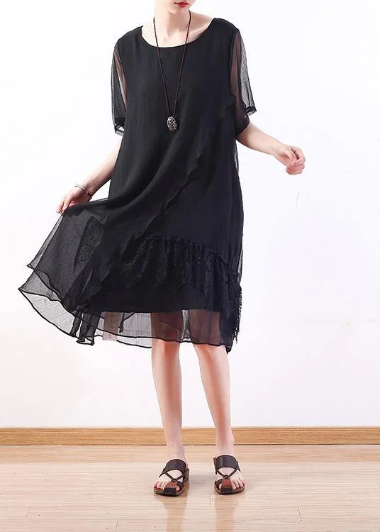 Vibrant Femme Fashion Handmade black Chiffon tunics for women Organic Outfits layered loose summer Dress