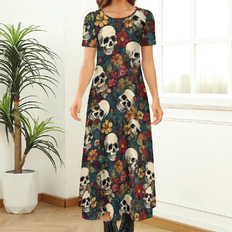 Trend Driven Wardrobe Skulls With Fall Flowers Round Neck Short Sleeve Maxi Dress