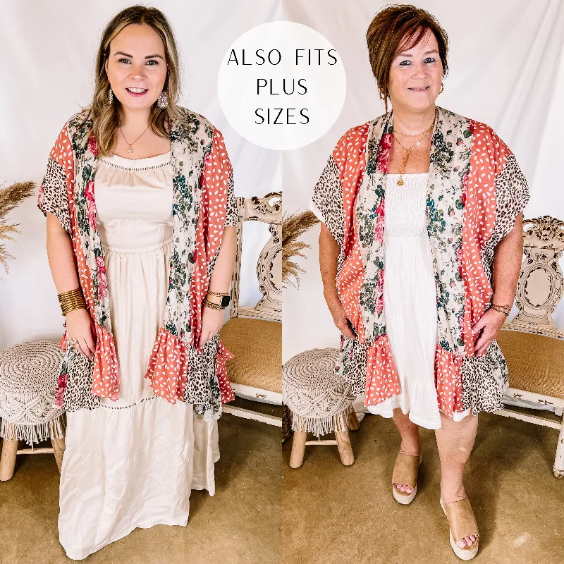 Chic Style, Always In Vogue Above It All Mixed Animal and Floral Print Kimono with Ruffle Hem in Ivory and Salmon