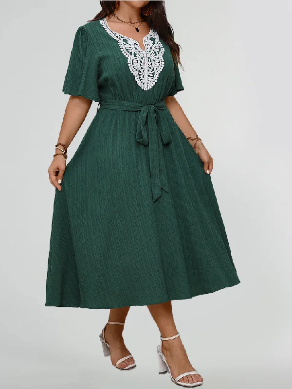 Online Clothing Stores Embroidery Lace V Neck Ruffle Sleeve Belted Dress