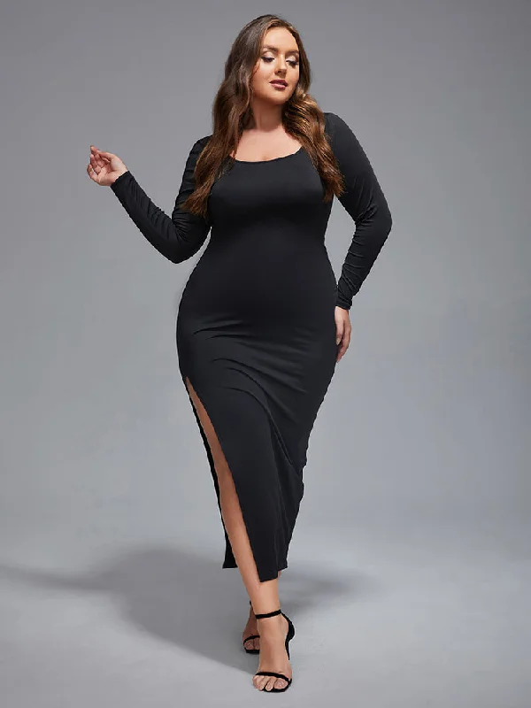 Casual Fashion Plus Side Split Round Neck Bodycon Maxi Dress