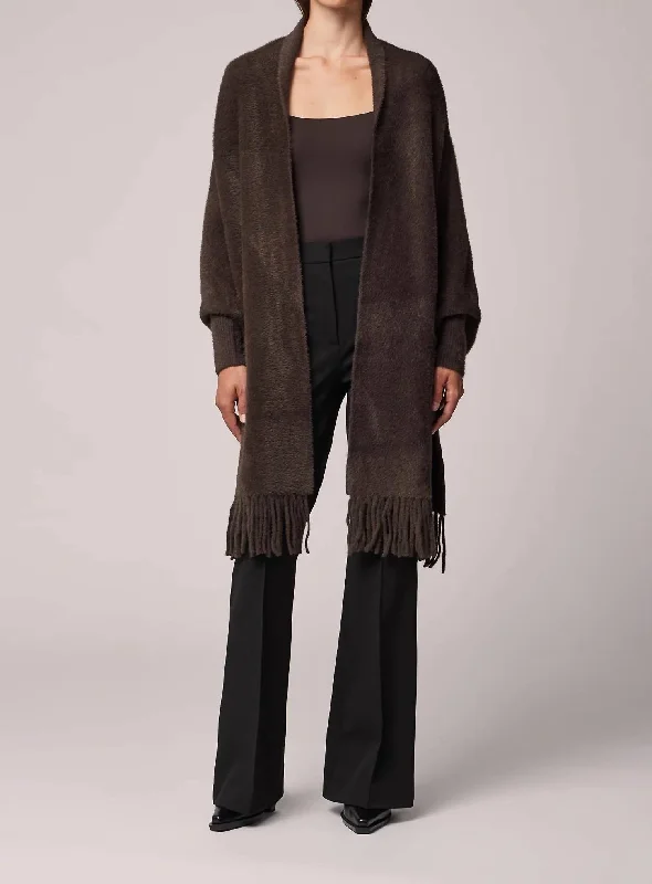 Seasonal Trends Danela Knit Scarfigan With Fringe In Mushroom