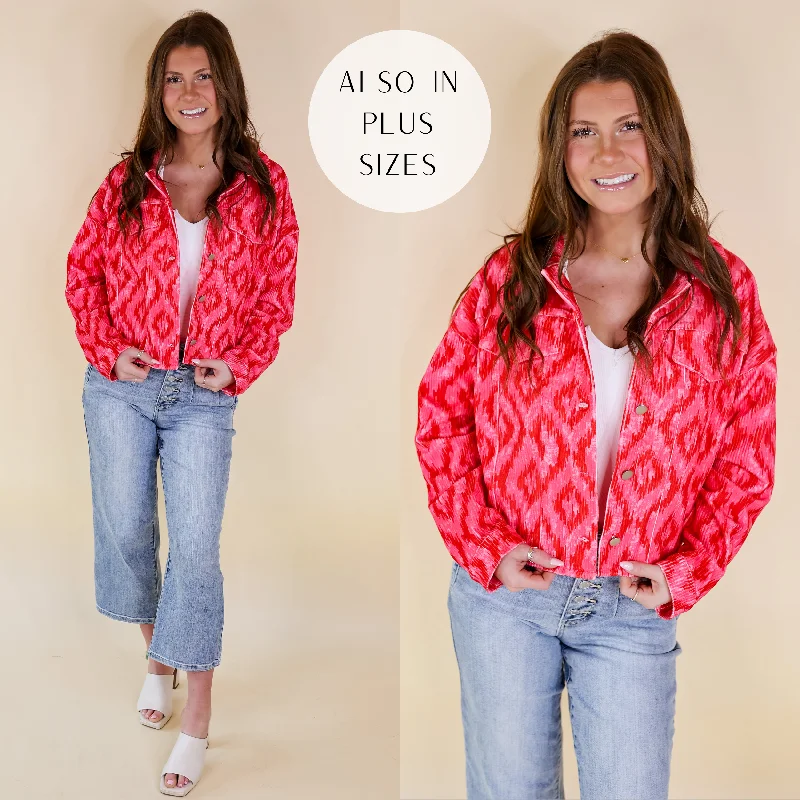 Best Sellers Stay Sweet Mosaic Print Corduroy Jacket with Crystal Fringe Back in Pink and Red