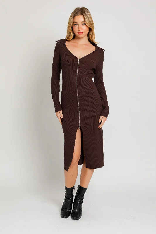 The Epitome Of Modern Women's Fashion Ribbed Zip Front Ribbed Collared Sweater Midi Dress