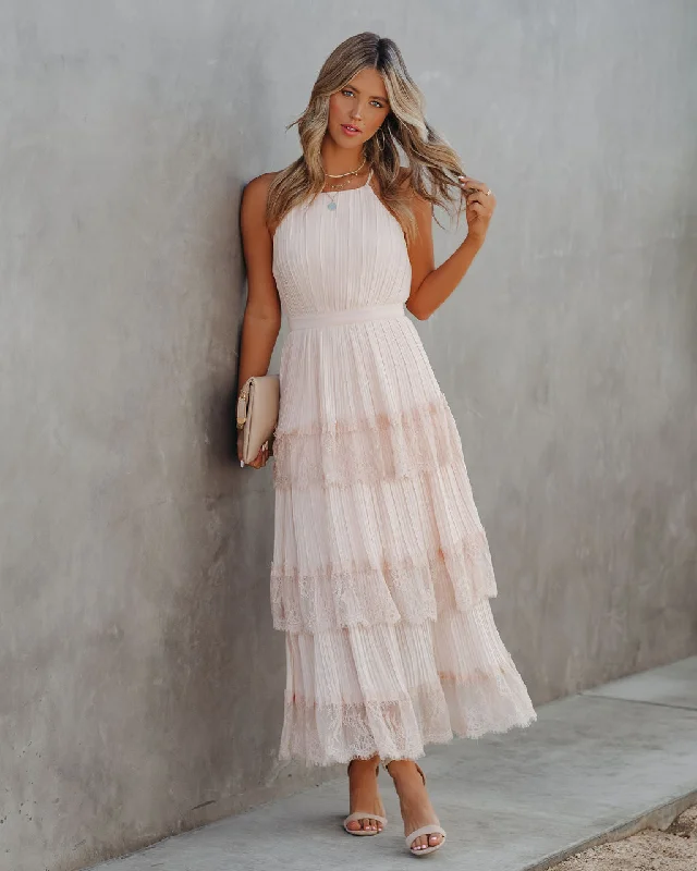 Chic Style KittenAlarm - Affection Pleated Tiered Lace Maxi Dress - Blush