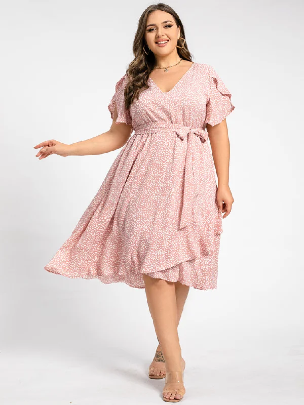 Timeless Elegance Plus Polka Dot V-Neck Tulip Sleeve Ruched Belted Midi Dress