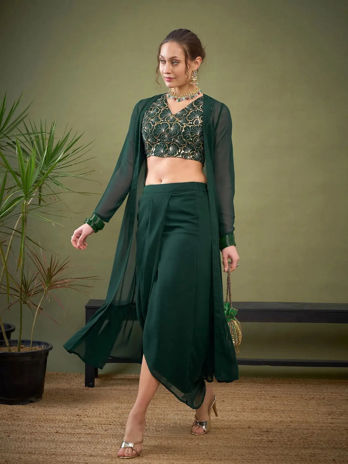 Classic Women's Fashion Women Emerald Green Crop Top With Dhoti Skirt & Shrug