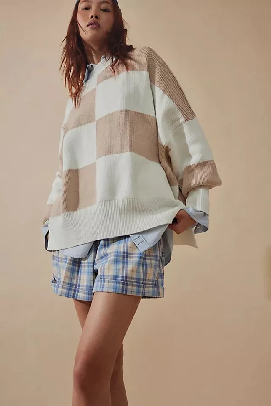 Gift Ideas Free People Easy Street Checkered Tunic Sweater - WHITE SAND COMBO