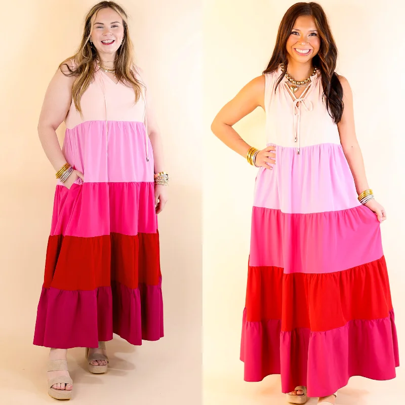 Women's Urban Fashion Calm Waters High Neck Tiered Maxi Dress in Pink Mix