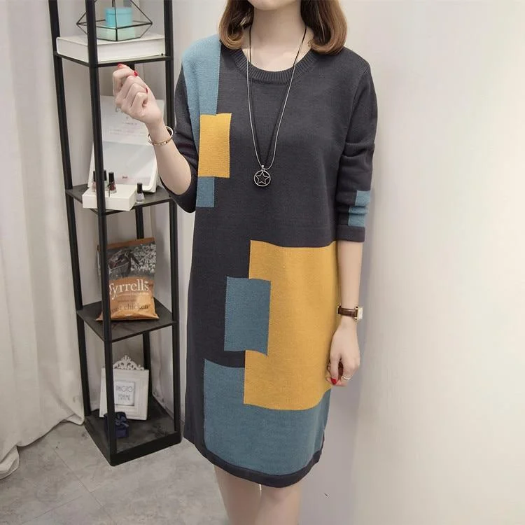 Limited Styles Geometric Plus Size Knitted Sweater Dress