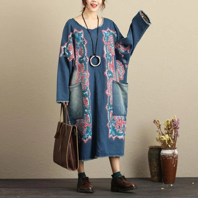 Bold Prints Casual Chic Flash Patchwork Denim Dress With Large Pockets