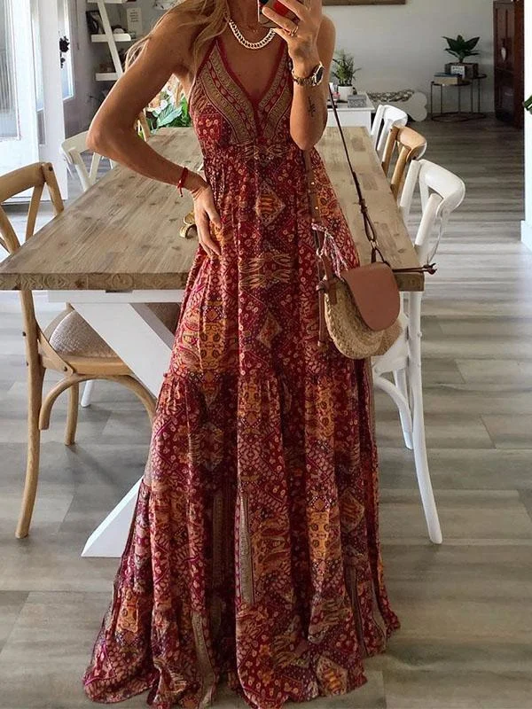 High End Women's Wear V-neck Strap Bohemian Holiday Print Dress