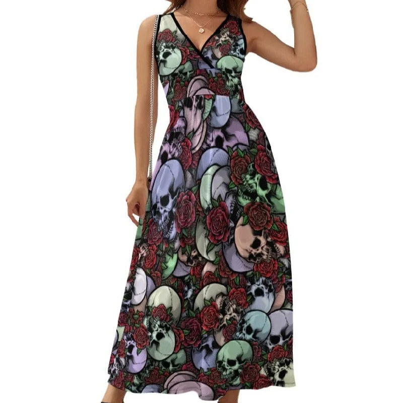 Premium Style Ladies Skulls & Red Flowers Cross Front Sleeveless Dress