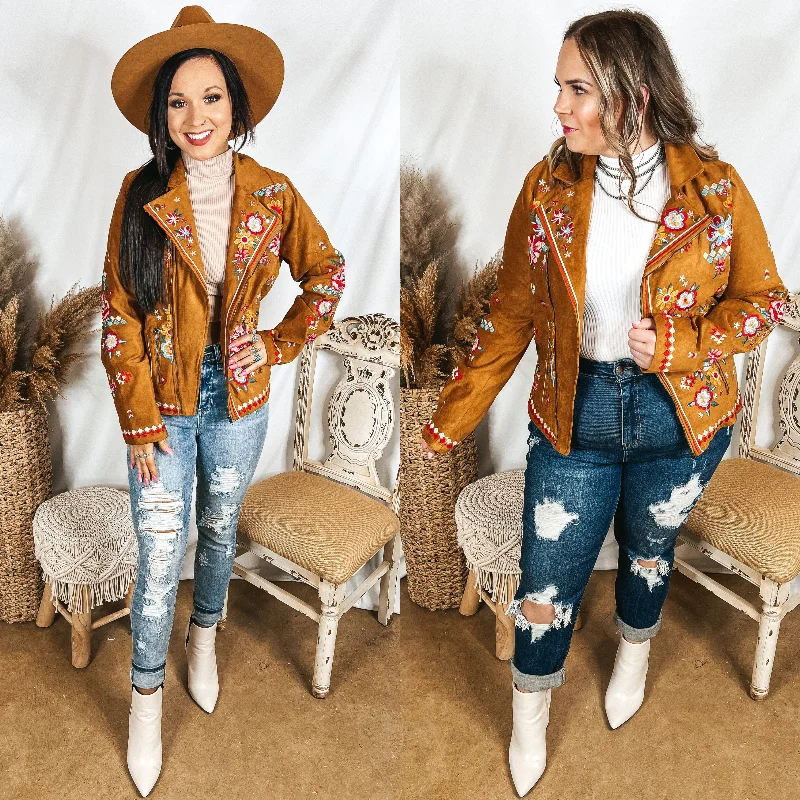 Chic Trends Unveiled Wyoming Wind Embroidered Suede Jacket in Camel Brown