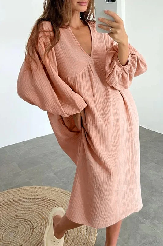 Comfy Women's Outfits for Daily Wear Double Crepe V Neck Puff Sleeve Loose Dress