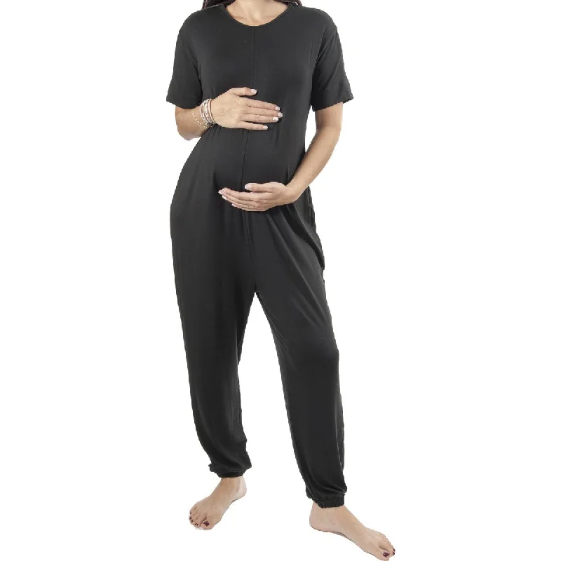 Chic Casual Style Bump'n The Jump'n Mama Slouchy Belted Zip Up Short Sleeve Maternity Jumpsuit