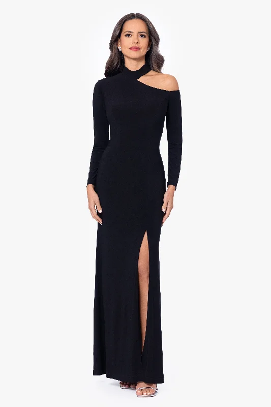 Elevate Your Wardrobe "Aletta" Jersey Knit Long Sleeve One Shoulder Cut Out Long Dress