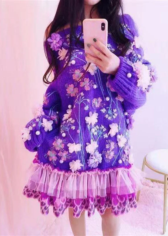 Women Online Clothing Boutiques Handmade Purple O-Neck Embroidered Floral Tulle Patchwork Knit Mid Dresses Fall