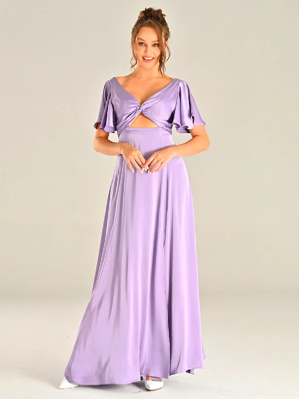 Explore What's New Lilac Satin Bridesmaid Dresses Flutter sleeves V Neck