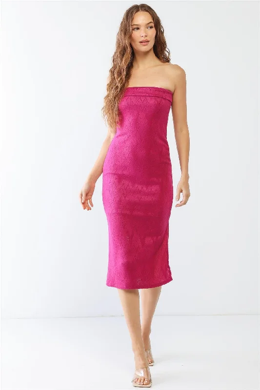 Easygoing Women's Style Magenta Geo Print Strapless Slit Midi Dress