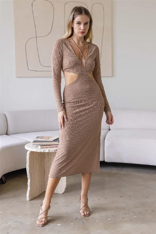 Women's High Street Fashion Mocha Texture Criss Cross Cut Out Long Sleeve Dress /3-2-1