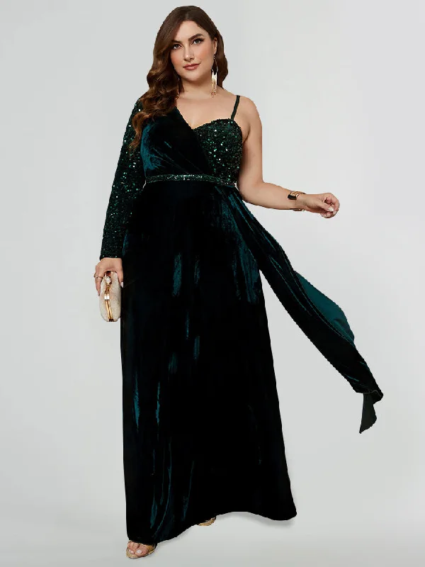 Trendsetting Threads Contrast Sequin Velvet One Shoulder Dress