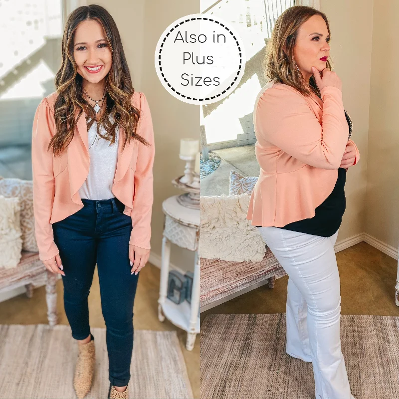 Seasonal Trends Coffee Please Open Front Long Sleeve Peplum Blazer in Peach Pink