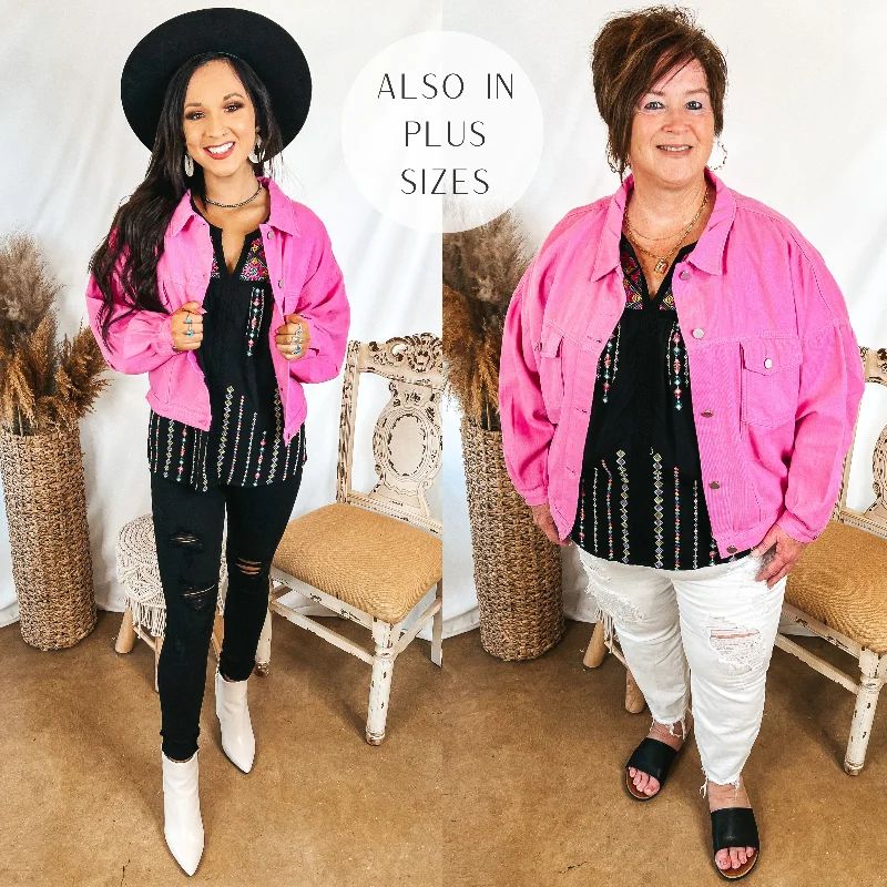 Versatile Wardrobe Essentials Very Confident Button Up Cropped Denim Jacket in Hot Pink