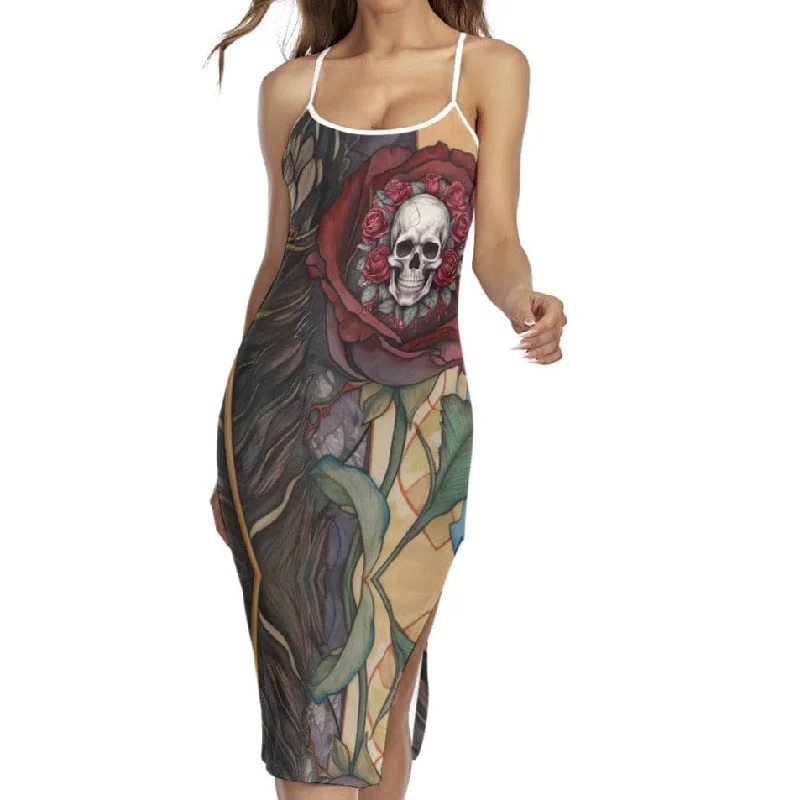 Stylish Statements Women's Gothic Floral Skull Back Cross Cami Maxi Dress