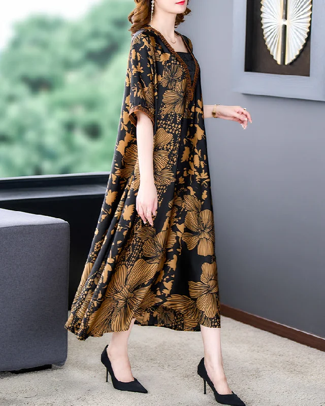 Online Boutiques Best Women's summer V-neck loose print fake two piece style dress