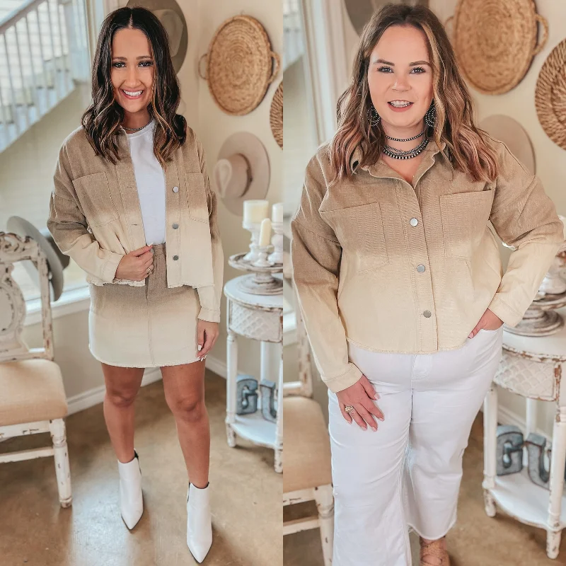 Chic Styles 90's Baby Ombre Cropped Denim Button Up Jacket in Taupe