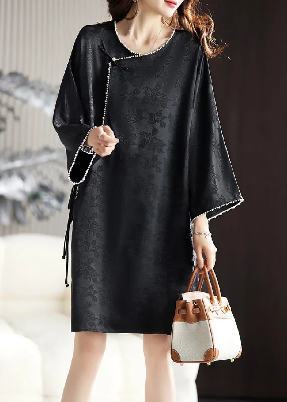 Flash Sale, Don't Miss Jacquard Black Nail Bead Lace Up Silk Mid Dress Spring