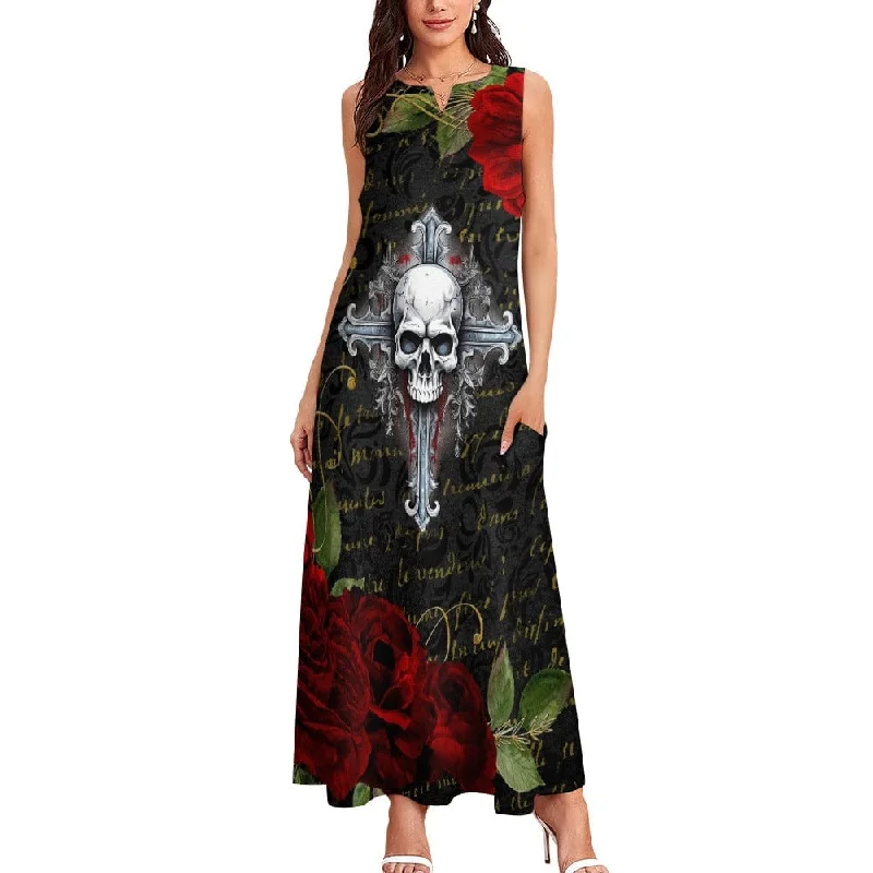 Style Upgrade Women's Skull Cross Red Roses Long Gothic Dress