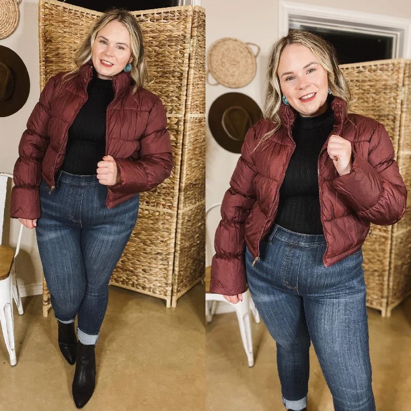 Chic And Trendy Wrapped In Cozy Cropped Puffer Jacket in Maroon