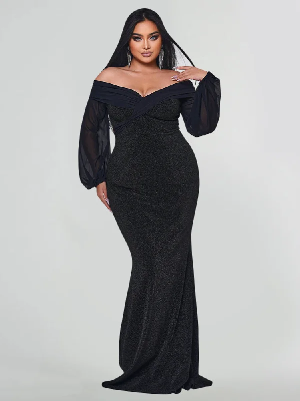 You'Ll Love Us Because Off Shoulder Lantern Sleeve Mermaid Hem Glitter Dress